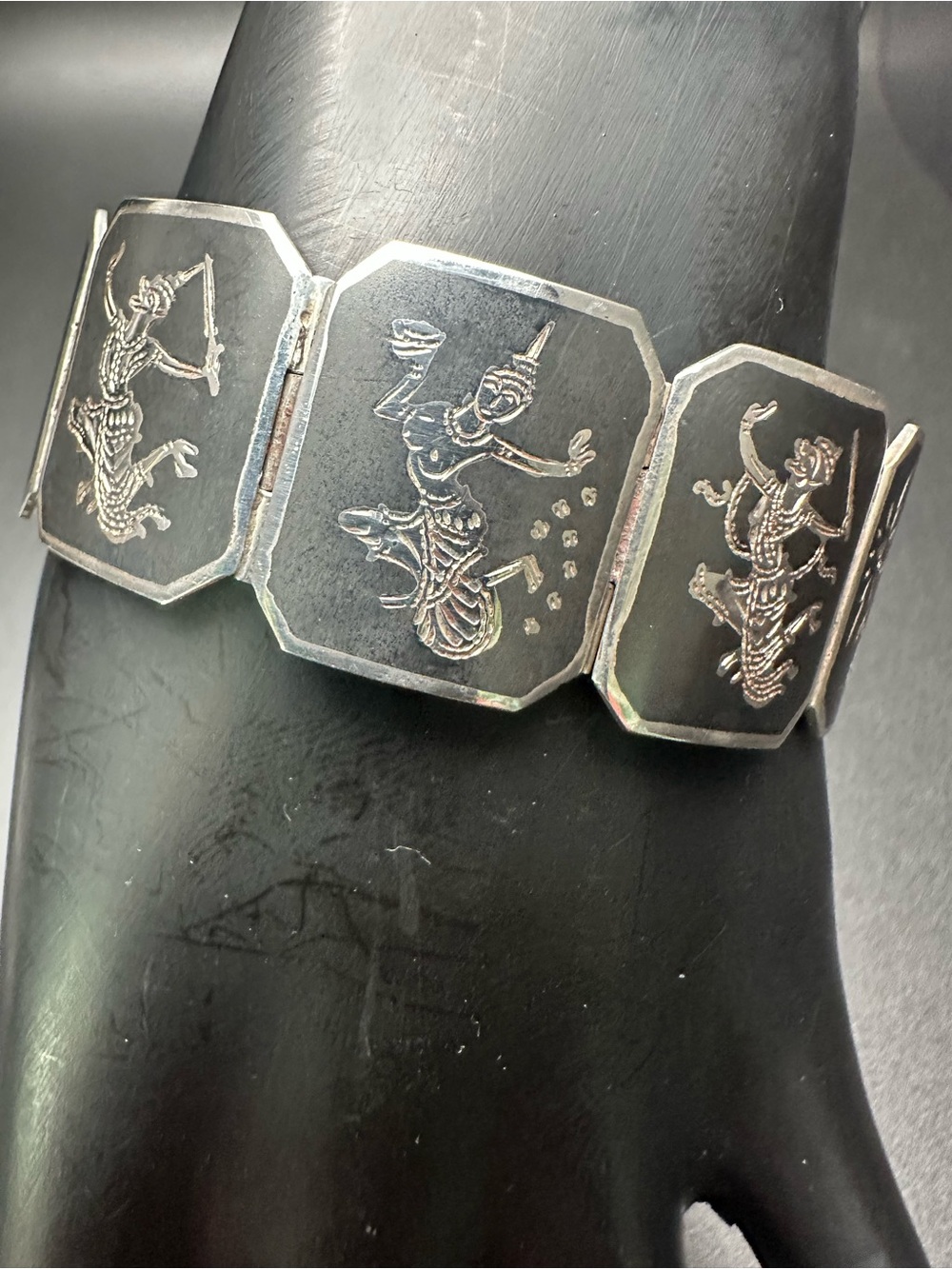 Vintage Siam Sterling Niello Bracelet, 7”, Mekkala & Ramasoon, AMFARGO